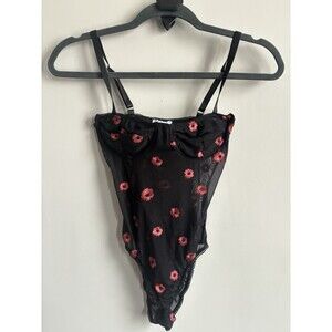 Princess Polly Black Mesh with Floral Print Bodysuit Size 4